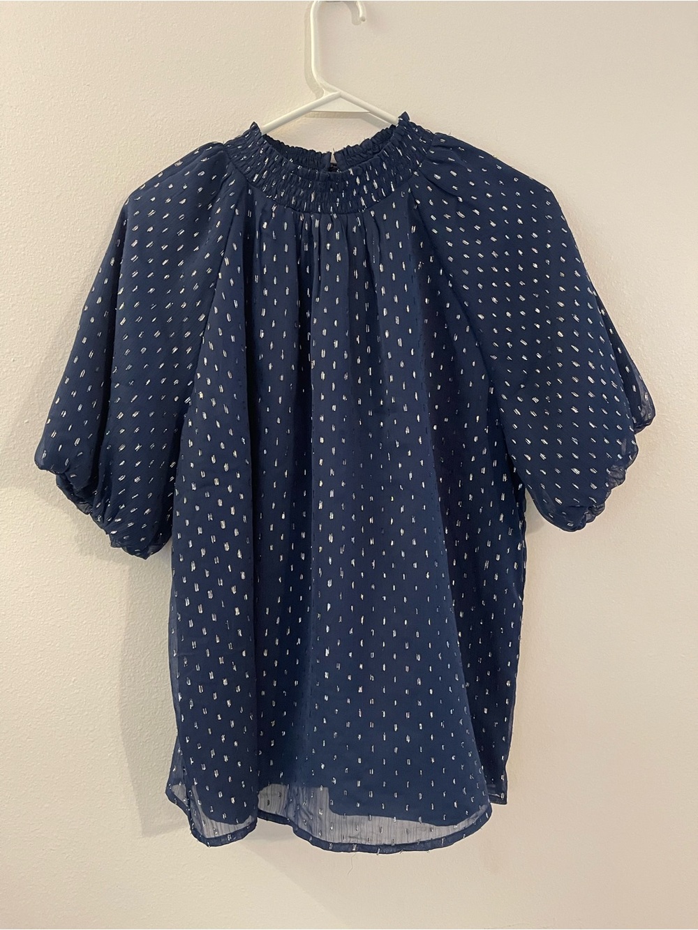 LOFT Navy Smocked Neck Puff Sleeve Blouse with White Dot Print